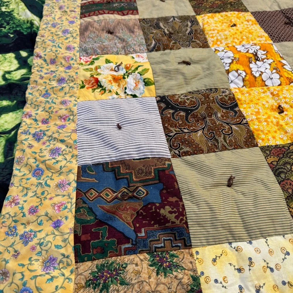 Handmade Patchwork Quilt 42x52 Yellow Floral Vintage Scrappy Tied Throw Blanket